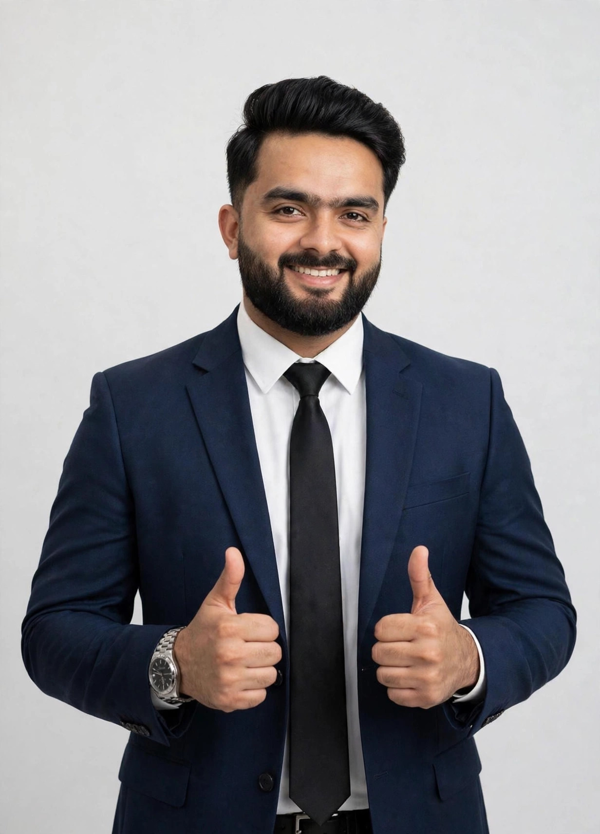 A smiling professional in a navy suit giving two thumbs up